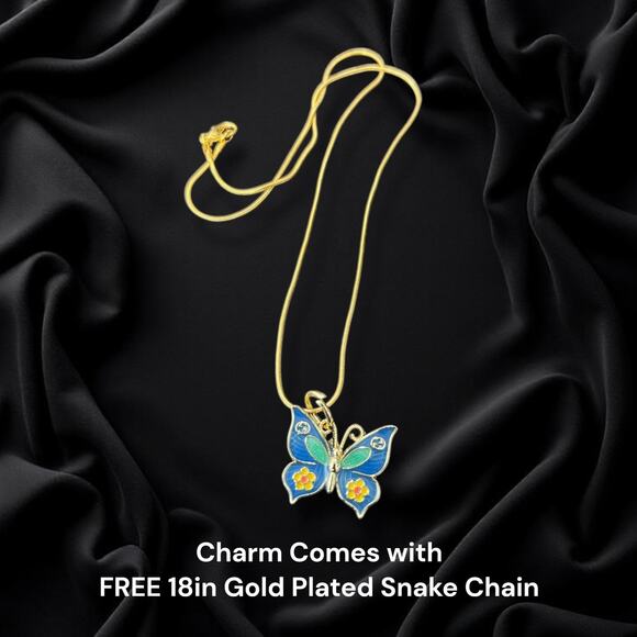 GG Blue Butterfly Zipper Pull Button Charm & Free 18in Gold Plated Snake Chain - Picture 1 of 4